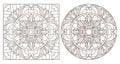 Contour set with illustrations with abstract floral patterns, round and square image, dark contours on white background