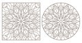 Contour set with illustrations with abstract floral patterns, round and square image, dark contours on white background