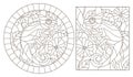 Contour set with illustrations with chameleons on the background of branches of a flowering plant, dark contours on a white backg