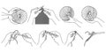 Set of contour illustrations Crochet and Knitting. Hands with skeins, hands with knitting needles and crochet.