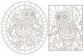 A set of contour illustrations with a cute owls on a branches, dark contours on white background