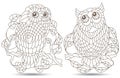 A set of contour illustrations with a cute owls on a branches, dark contours on white background