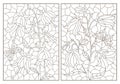 Contour set with flowers, bells and butterflies, dark outlines on a white background, rectangular image