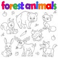 Contour set with illustrations with forest animals, dark outlines on a white background, coloring book Royalty Free Stock Photo