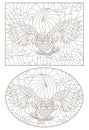Contour set with illustrations with owls against the sky, dark contours on white background