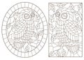 Contour set with illustrations with owls, dark contours on white background