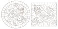 Contour set with illustrations with owls, dark contours on white background, oval and rectangular image in the frame