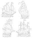 Contour set with illustrations of stained glass ancient ships, dark contours on a white background