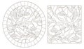 Contour set with illustrations of stained glass birds, bullfinches on the branches of snow-covered mountain ash dark contours on