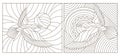 Contour set with illustrations stained glass birds, dark contours on a white background