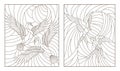 Contour set with illustrations of stained glass birds, pair of swans and a pair of swallows in sky on background sun Royalty Free Stock Photo