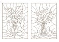 Set with contour illustrations of the stained glass bouquet of Callas, Narcissus, in a vase