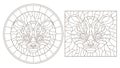 Contour set with illustrations of stained glass with a Cheetah head, round and square image, dark contours on white background
