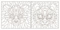 Contour set with illustrations of stained glass with a Cheetah and tiger heads, square image, dark contours on white background
