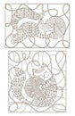 Set with contour illustrations of stained glass with cute cats hugging skeins of thread