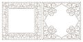 Contour set with  illustrations of stained glass with floral framework,dark outlines on white background Royalty Free Stock Photo