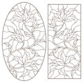 Contour set with illustrations with stained glass flower arrangements, Lily flowers, dark outlines on a white background