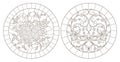 Contour set with illustrations of stained glass with flowers and heart, round images in frames, dark contours on white background