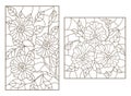 Contour set with illustrations of stained glass with flowers, a Pansy and a branch of a flowering tree