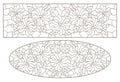 Contour set with illustrations of stained glass with flowers of petunia, oval and rectangular image , dark contours on a white bac