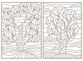 A set contour illustrations of stained glass with the images of the trees, dark outlines on a white background