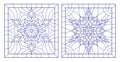 Contour set with illustrations of stained glass with snowflakes in the framework of, square image,blue outlines on white backgrou Royalty Free Stock Photo