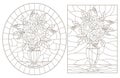 Contour set with illustrations of stained glass still lifes, bouquets of roses in vases, dark contours on a white background