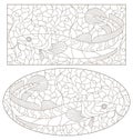 Contour set with illustrations in the stained glass style with burbot fish dark contours on a white background