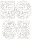 Set of contour illustrations in the stained glass style with fishes on a background of algae, dark contours on a white background