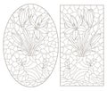 Contour set with  illustrations in a stained glass style with floral still lifes and fruits, dark outlines on a white background Royalty Free Stock Photo