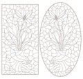 Contour set with  illustrations in a stained glass style with floral still lifes and fruits, dark outlines on a white background Royalty Free Stock Photo