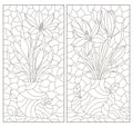 Contour set with illustrations in a stained glass style with floral still lifes and fruits, dark outlines on a white background, r Royalty Free Stock Photo