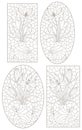 Set of contour illustrations in a stained glass style with floral still lifes and fruits, dark outlines on a white background Royalty Free Stock Photo