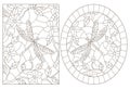 Contour set with  illustrations in stained glass style with flowers and dragonflies, dark outlines on white background Royalty Free Stock Photo