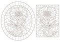 Contour set with  illustrations in stained glass style with flowers and dragonflies, dark outlines on a white background Royalty Free Stock Photo