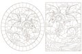 Contour set with illustrations in stained glass style with flying dragons on the background of landscapes and sky, dark contours