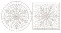 Contour set with illustrations in the stained glass style with snowflakes, round and square images, dark contours on a white back
