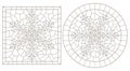 Contour set with illustrations in the stained glass style with snowflakes, round and square images, dark contours on a white backg