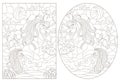 Contour set with illustrations in stained-glass style unicorns on the background of landscapes, dark contours on a white backgroun