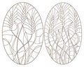 Contour set with illustrations of stained glass with wheat germ, oval images, dark contours on a white background