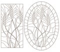 Contour set with illustrations of stained glass with wheat germ, oval and rectangular image, dark contours on a white background