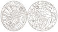 Contour set with illustrations of stained glass Windows with abstract chameleons, dark outlines on a white background, oval image