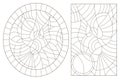 Contour set with illustrations of stained glass Windows with abstract doves , dark contours on a white background