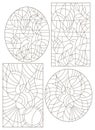 A set of contour illustrations of stained glass Windows with abstract doves , dark contours on a white background