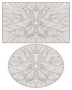 Contour set with illustrations of stained glass Windows with abstract flowers, oval and square images, dark outlines on white ba