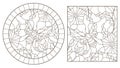 Contour set with illustrations of stained glass Windows with bees and flowers, round and rectangular images