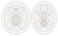 Contour set with illustrations of stained glass Windows with beetles, dark outlines on a white background,oval images in frames