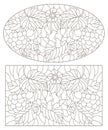 Contour set of illustrations of stained glass Windows with berries, flowers and leaves, dark contours on a white background