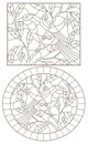 Contour set with illustrations of stained glass Windows with birds on a background of leaves and berries, dark contours on a whit
