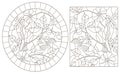 Contour set with illustrations of stained glass Windows with birds on the branches of wild rose, dark contours on a white backgro